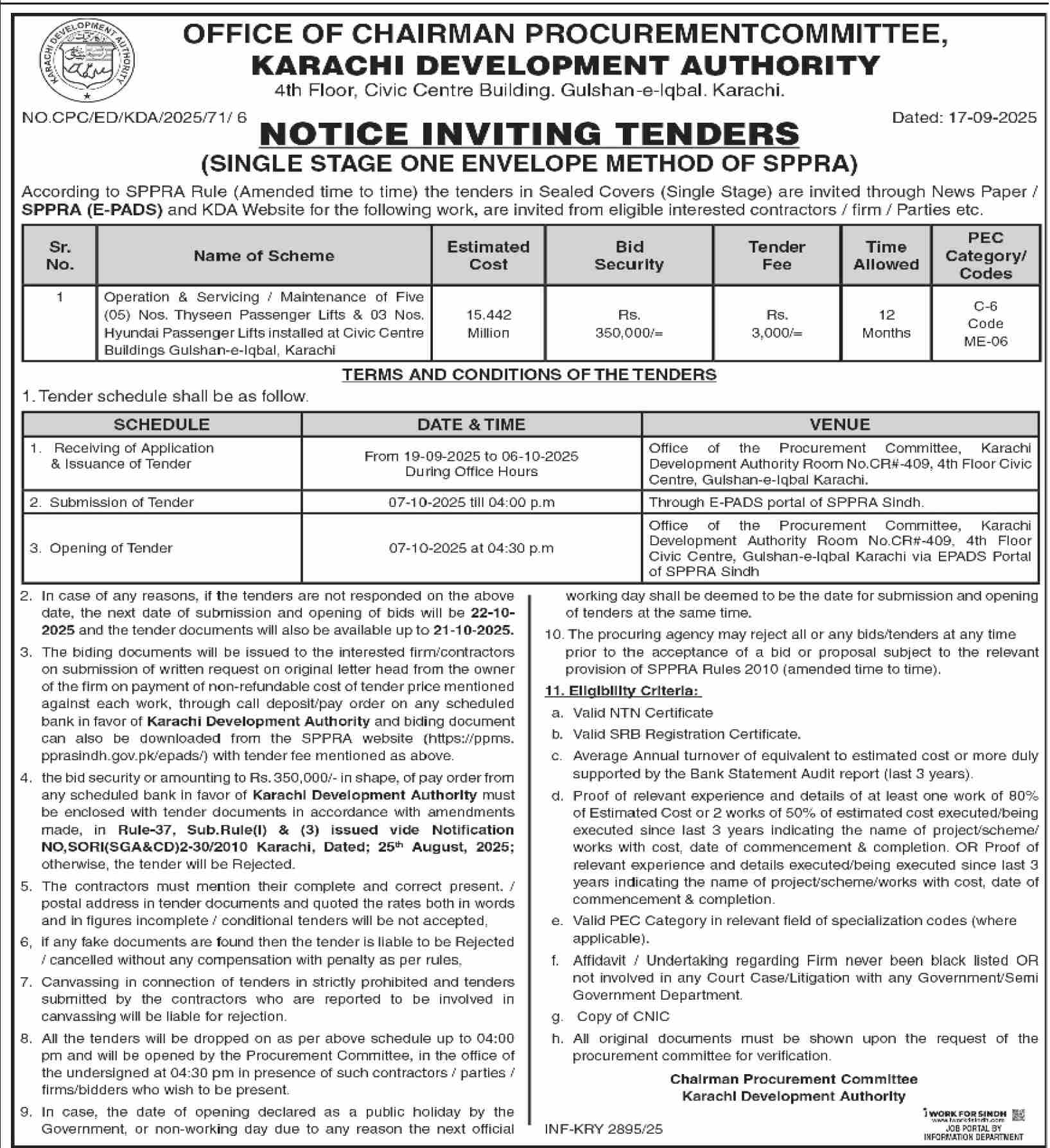 Karachi Development Authority Tender Notice 1